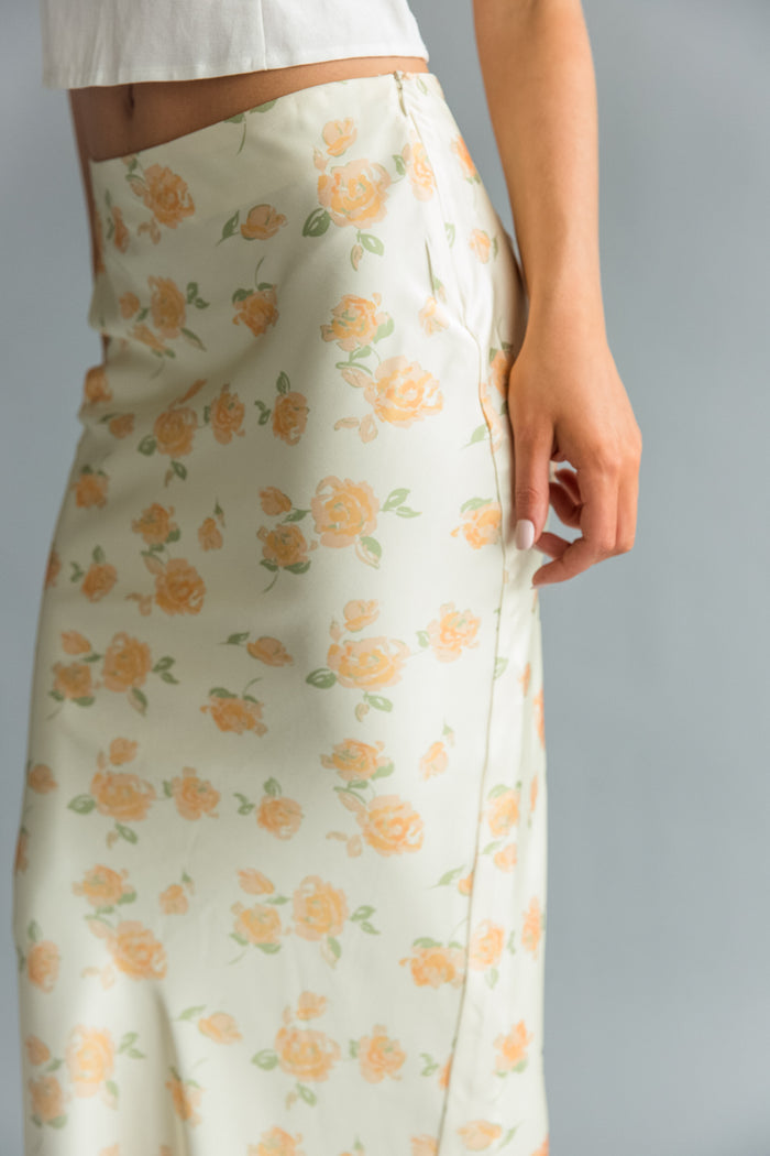 Side view | Yellow Floral satin Maxi Skirt | Farmers Market Skirt