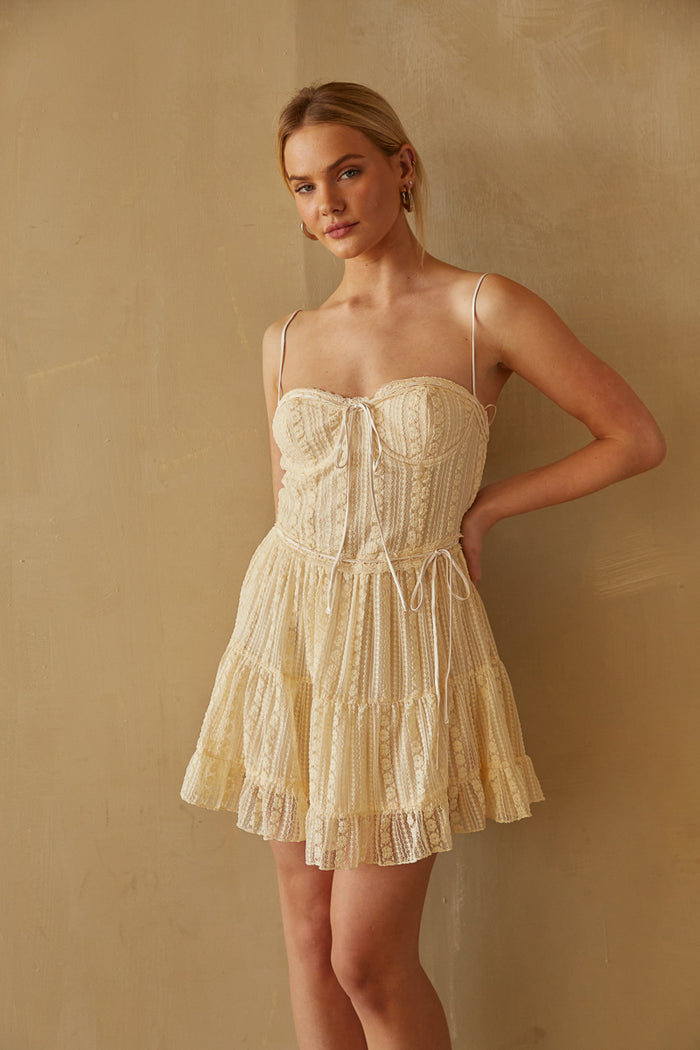 cream ivory lace overlay mini fit and flare dress