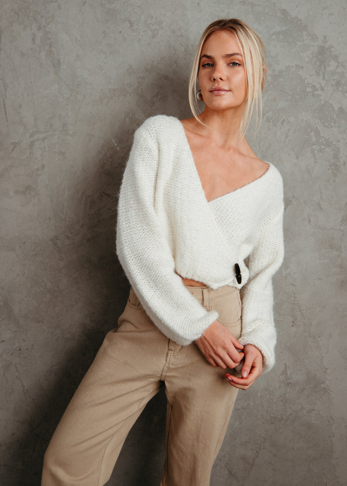 ivory criss cross wrap sweater for winter | white criss cross tie wrap sweater
