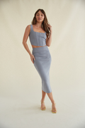 steel blue knit two piece set - grey corset style knit top - blue corset tank top with boning