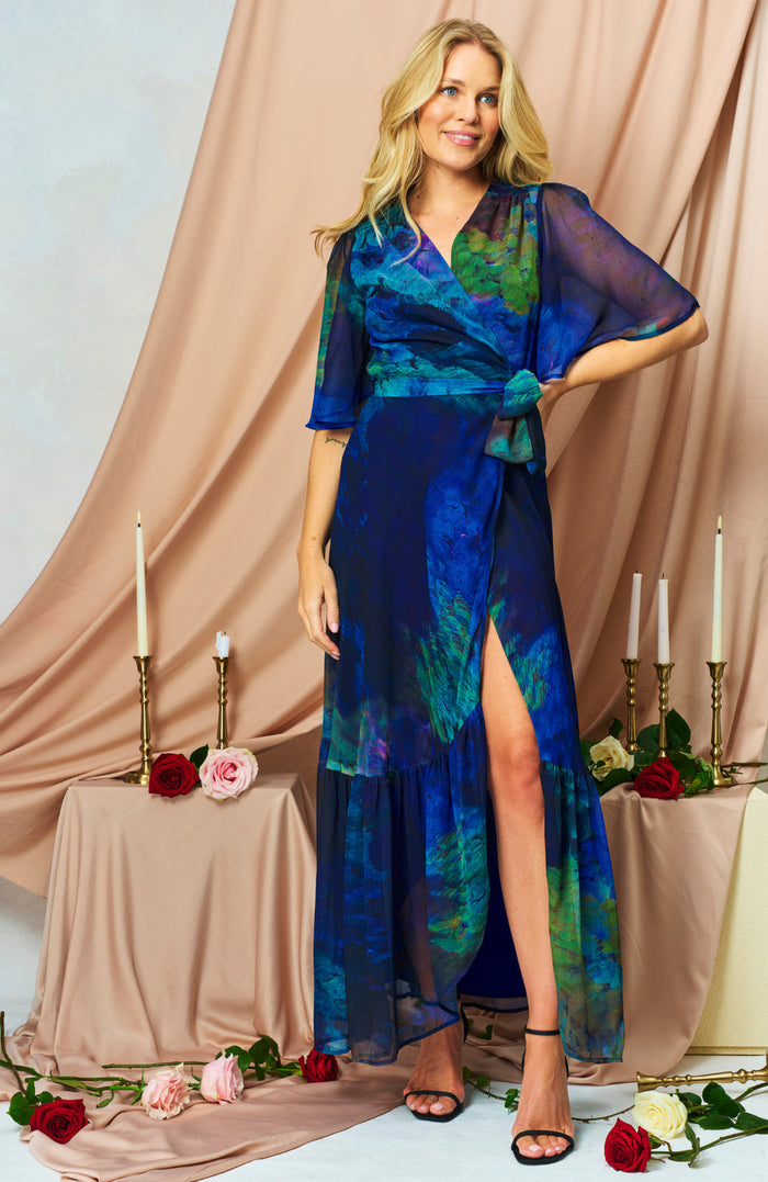 Jacqueline Maxi Wrap Dress (Blue Multi)