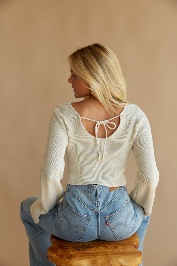 cream tie back long sleeve top - open back sweater with bell sleeves - cute and cozy fall sweater