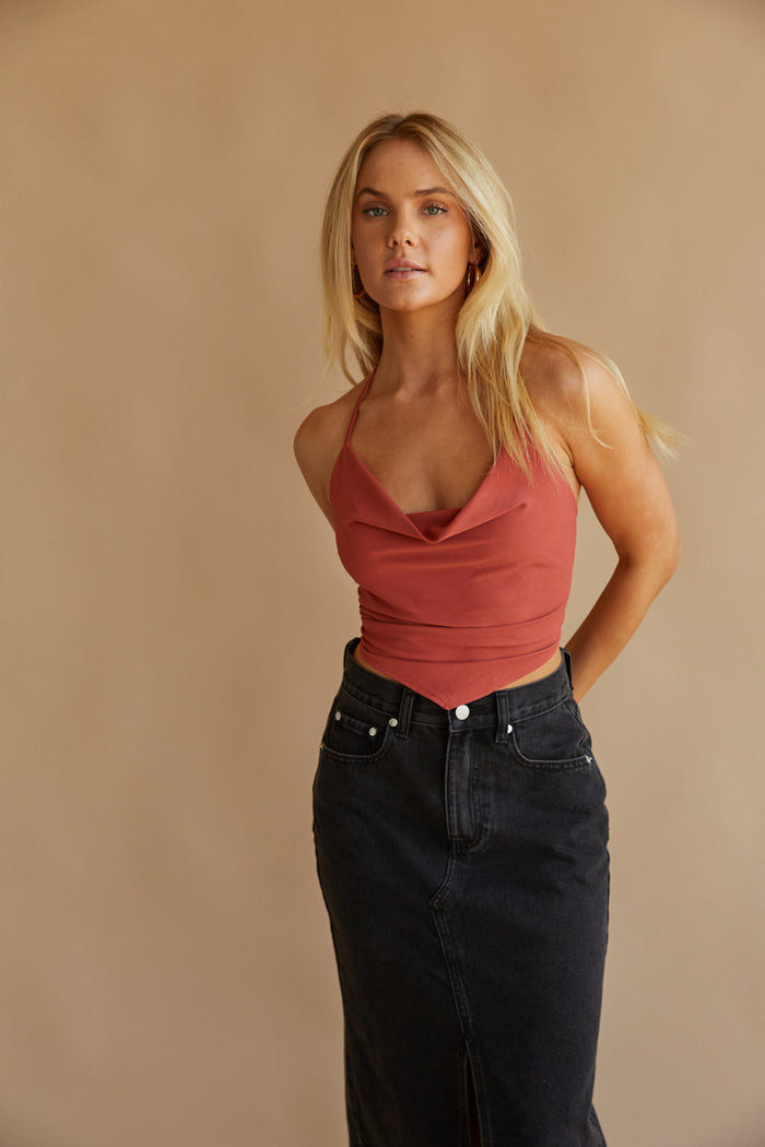 burnt orange cowl neck crop top - orange halter neck top - tops for fall