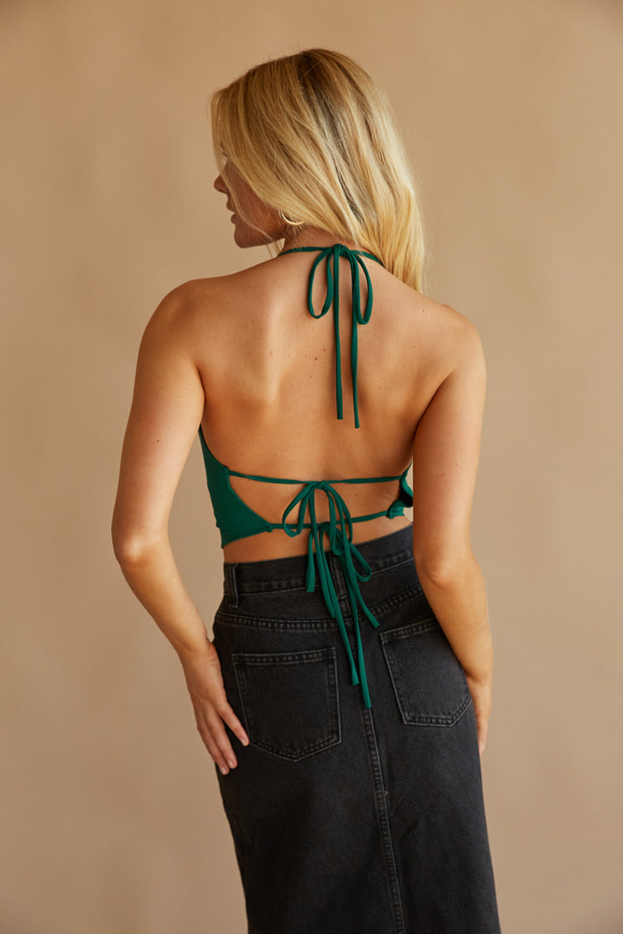 emerald green open back halter top - tie back cowl neck crop top - cute fall top