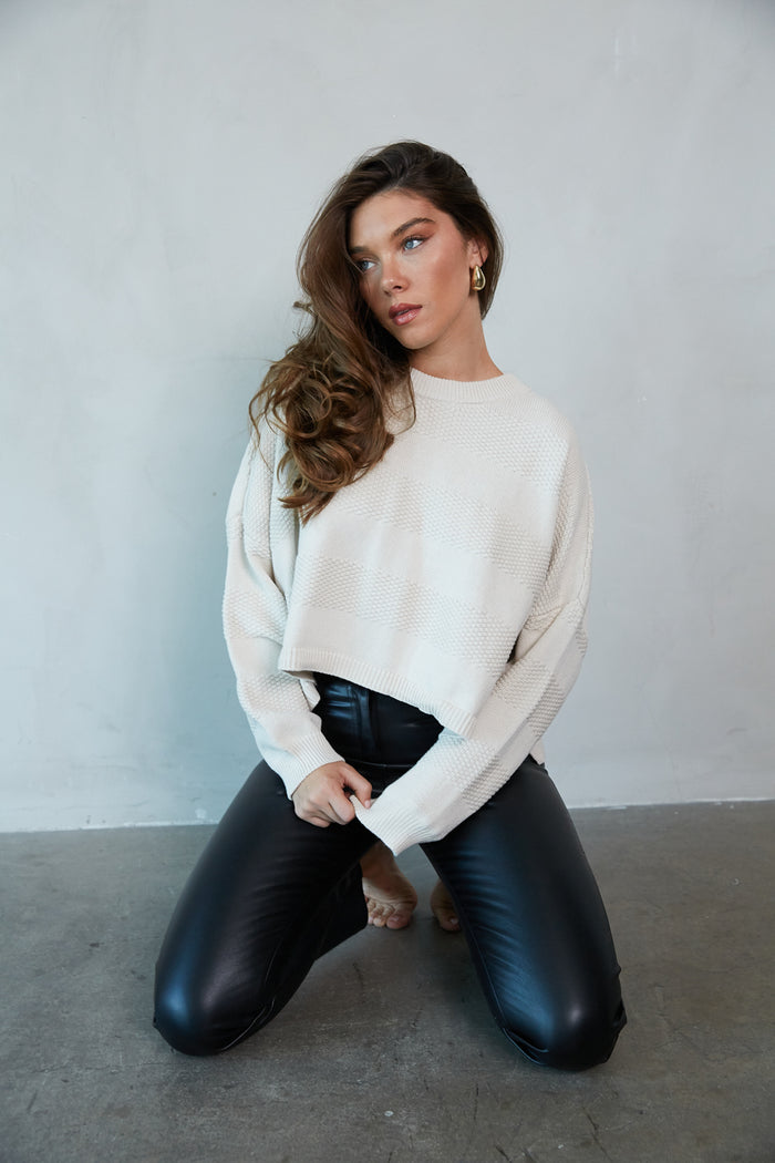 beige-image | front-view | beige tonal striped knit cropped sweater top | knit sweater | winter 2024