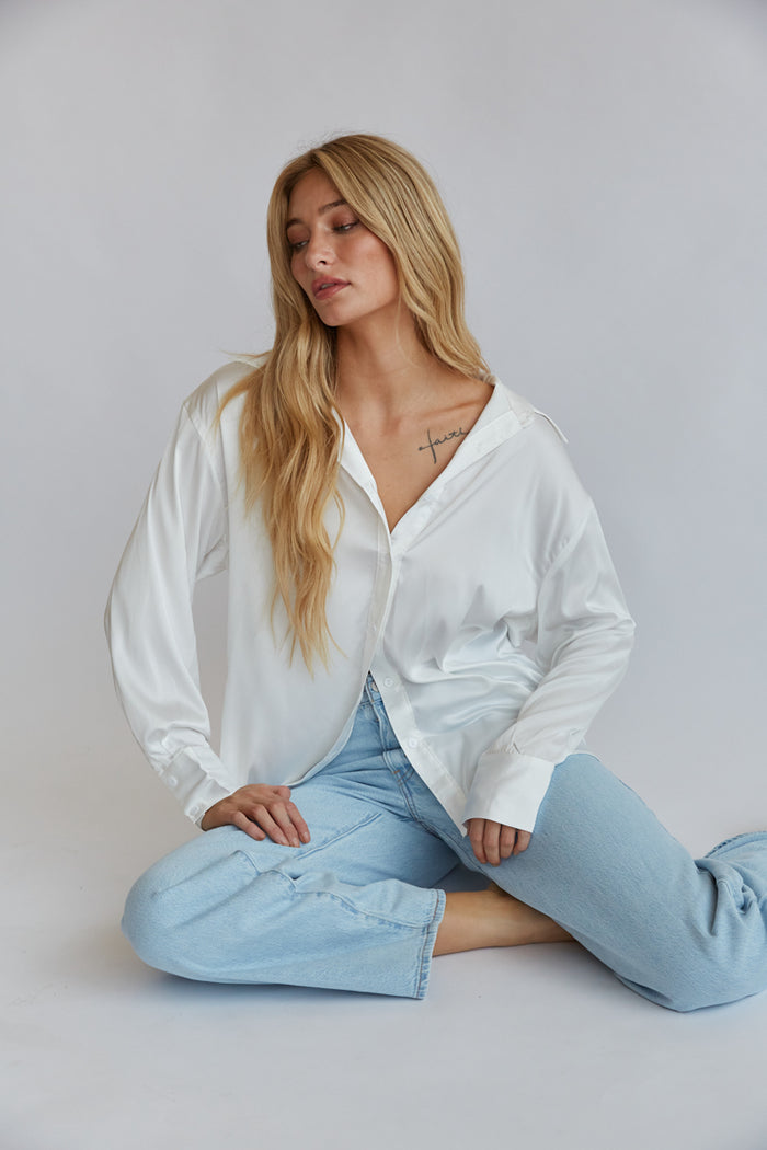 oversized white satin button down