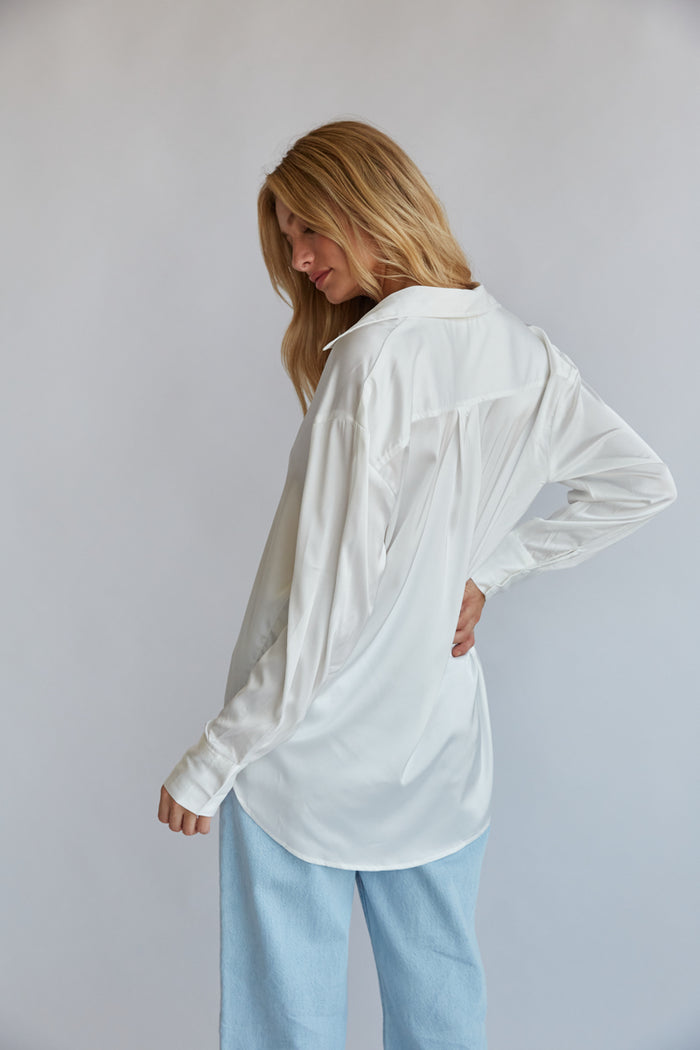 ivory satin button down shirt