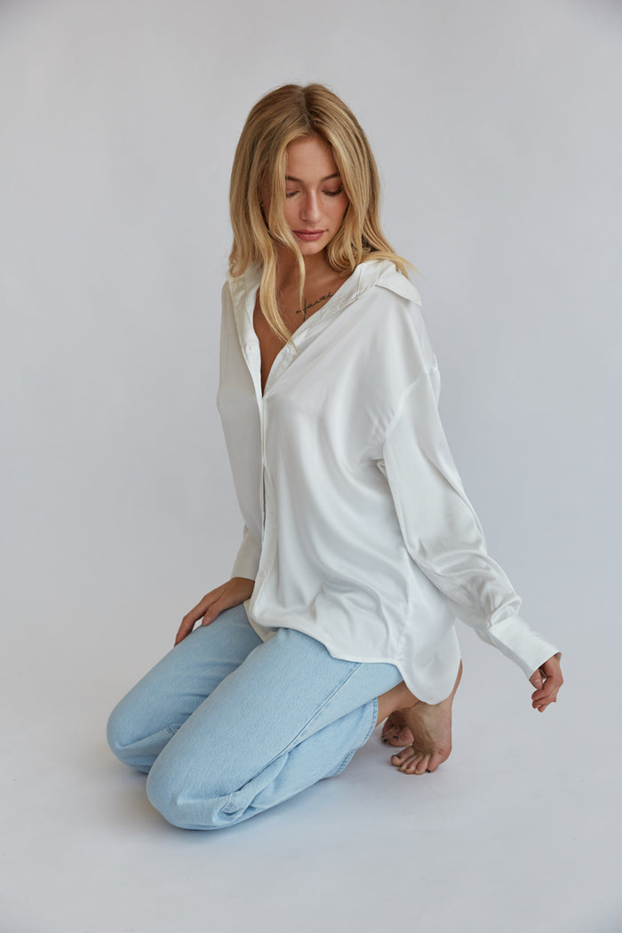 satin button down shirt in white