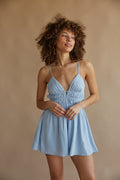 baby blue smocked waist spag strap dress romper