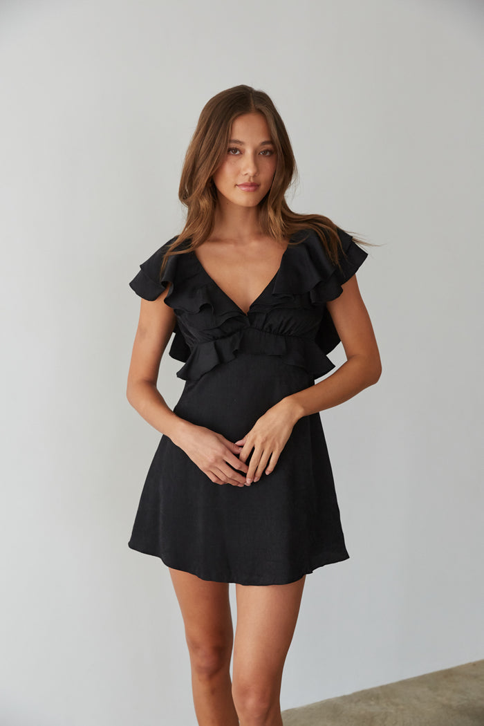 black-image | sexy black mini dress with flutter sleeves and V-neckline - sorority rush dress