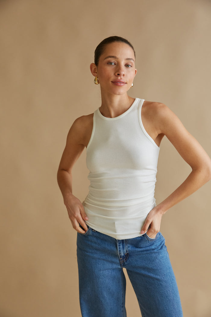 White front image | white scoop neck ribbed tank with scoop hem | elevated basics for summer