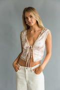 Front view | Pink Lace trim floral satin top | summertime top