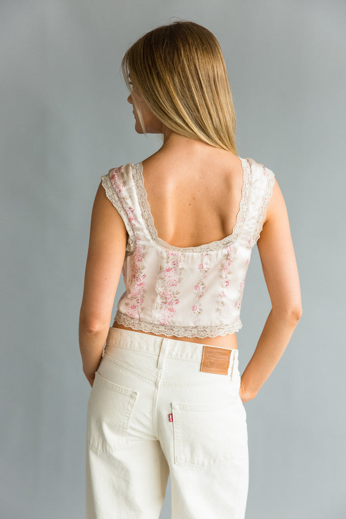 back view | Pink Lace trim floral satin top | summertime top