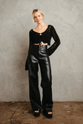 black faux leather wide leg pants - open knit cropped bell sleeve pointelle sweater
