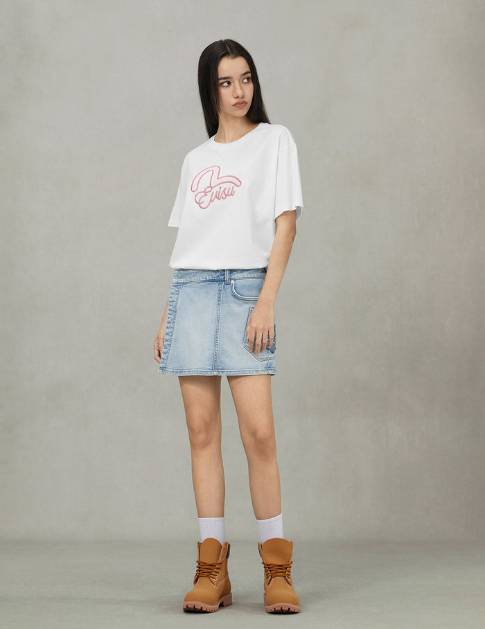 Kamon and Logo Embroidery Regular Fit Denim Skorts