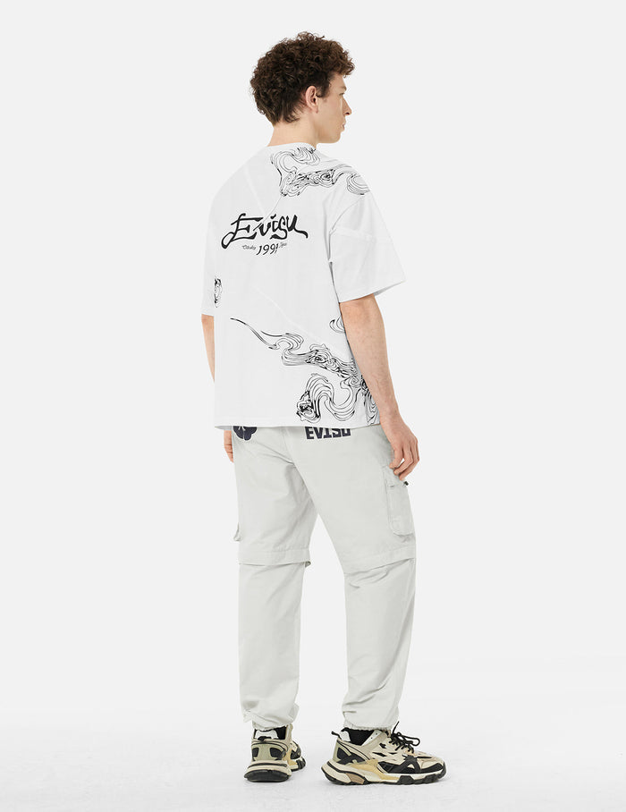 Kamon and Logo Prints Detachable Leg Panel Fashion Fit  Woven Cargo Jogger