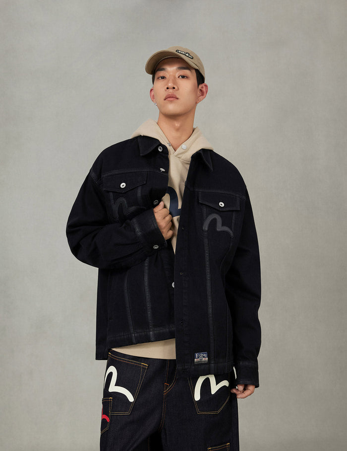 Kamon and Seagull Appliqué Regular Fit Denim Jacket Shirt