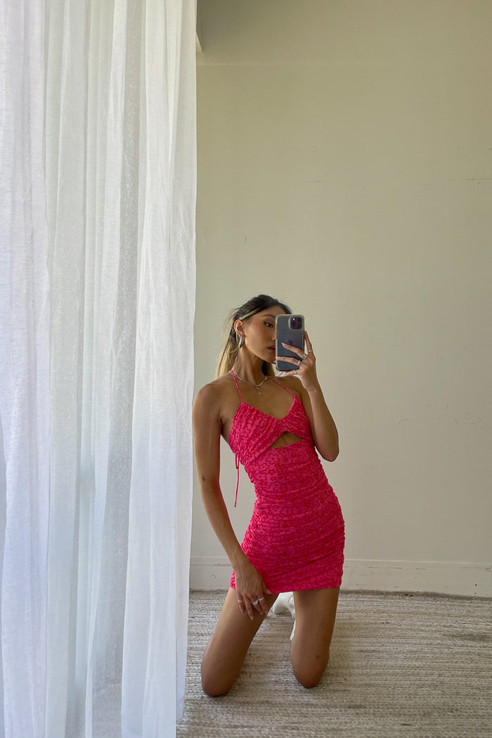 cutout halter dress in flower power daisy floral - mesh overlay pink dress