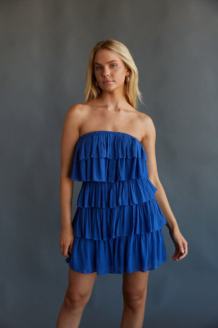 blue tiered ruffle romper - strapless ruffle romper