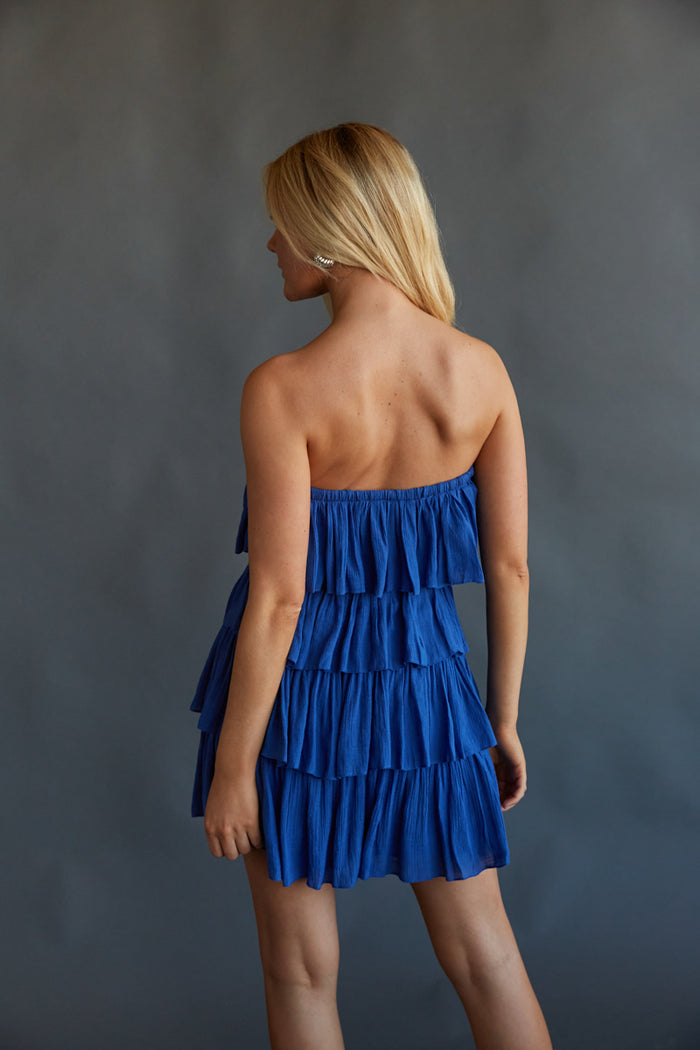 blue sundress - ruffle romper - strapless romper - strapless dress romper