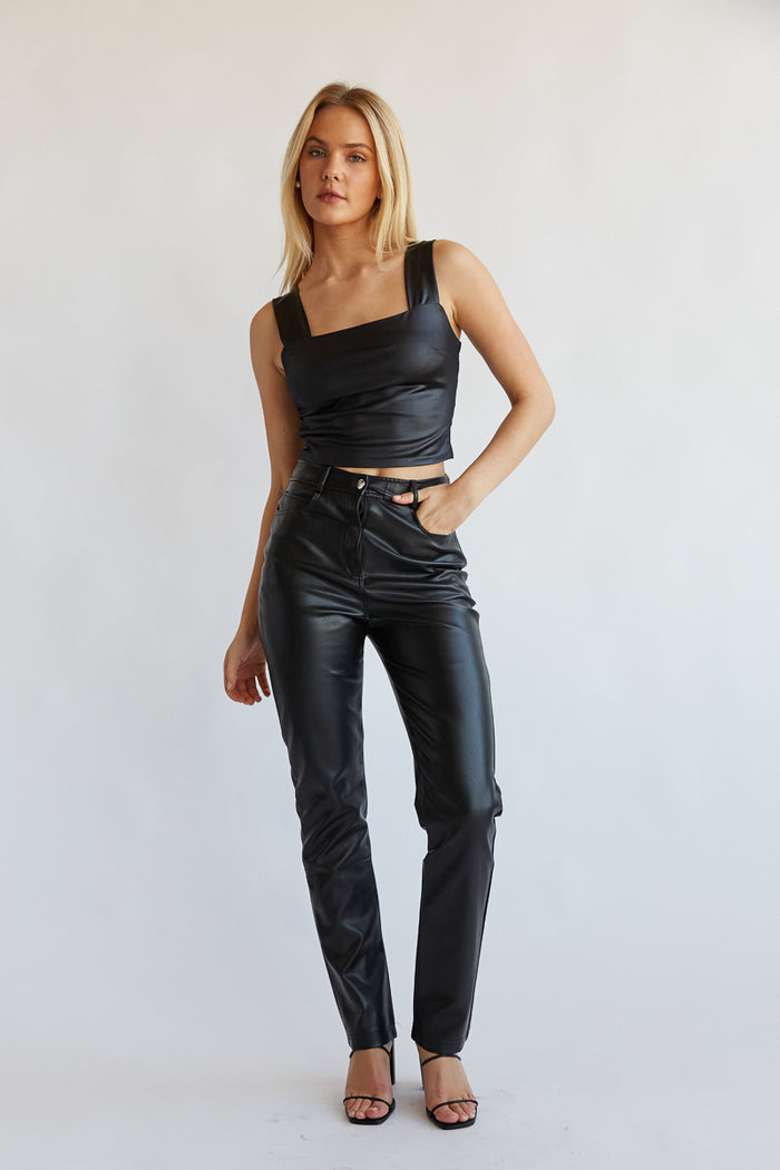 faux leather straight cut black pants - going out pants for winter