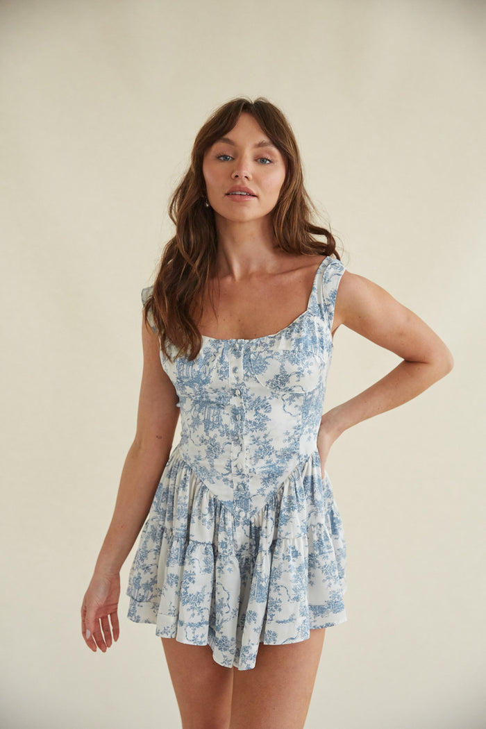 blue floral fit n flare romper