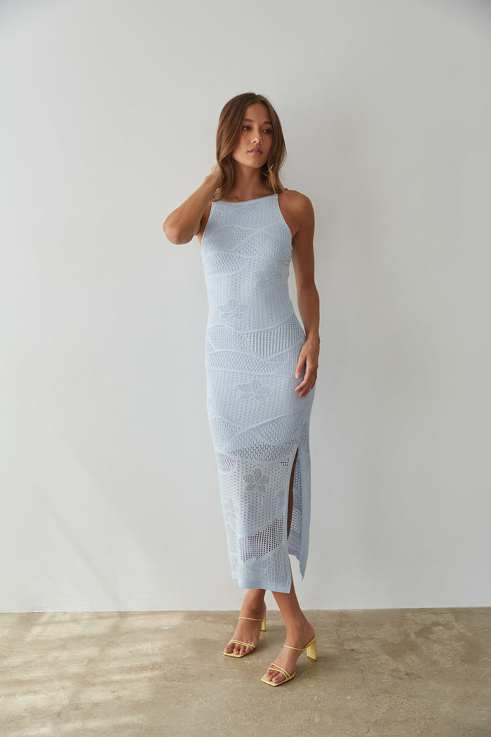 blue high neck knit dress - fauxchet knit midi dress