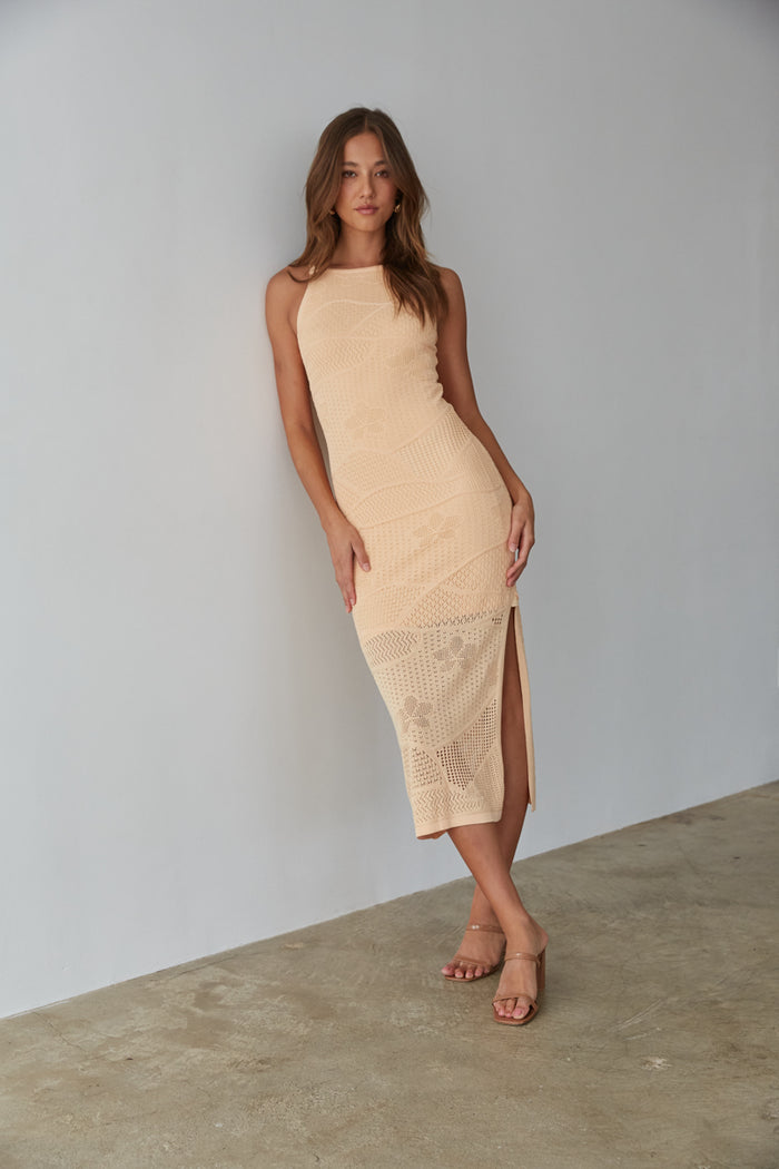 peach knit midi dress - resort outfit inspo