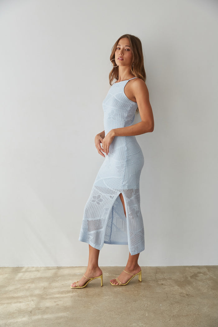 baby blue high neck midi dress - blue knit dress with side slit