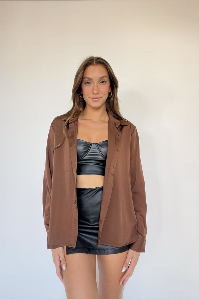 black and brown outfit - leather skirt and brown satin shirt