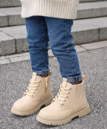 Kids Beige Lace-Up Ankle Boots with Side Zipper – Size 29 – Soft Sole Toddler Winter Boots