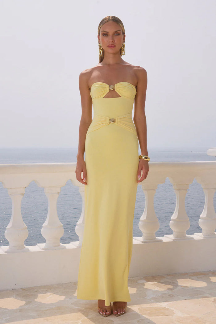 lemon-image | front image | Kleo Maxi Dress | front view highlighting the fitted bodice with a unique knot design and open center cut-out.