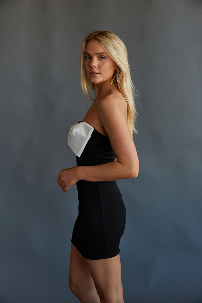 black and white strapless mini dress - meredith blake inspired mini dress - trendy bow front homecoming dress