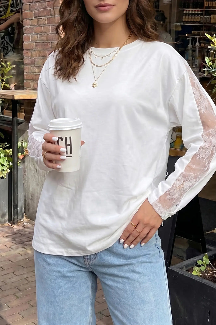 Lace Patchwork Round Neck Long Sleeve Top – White