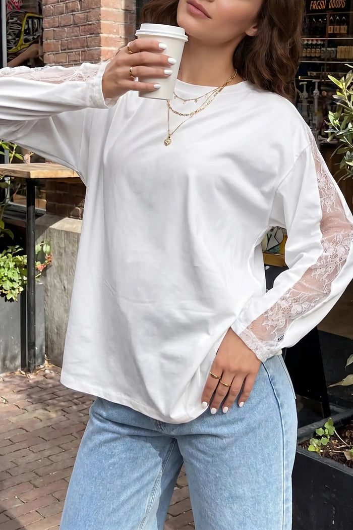 Lace Patchwork Round Neck Long Sleeve Top – White