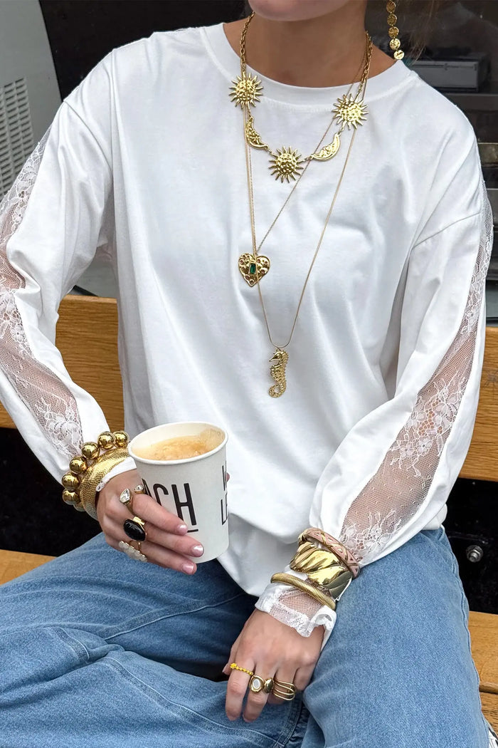 Lace Patchwork Round Neck Long Sleeve Top – White