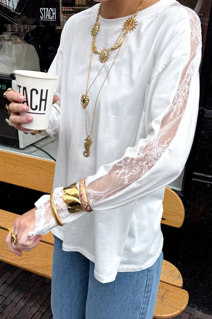Lace Patchwork Round Neck Long Sleeve Top – White