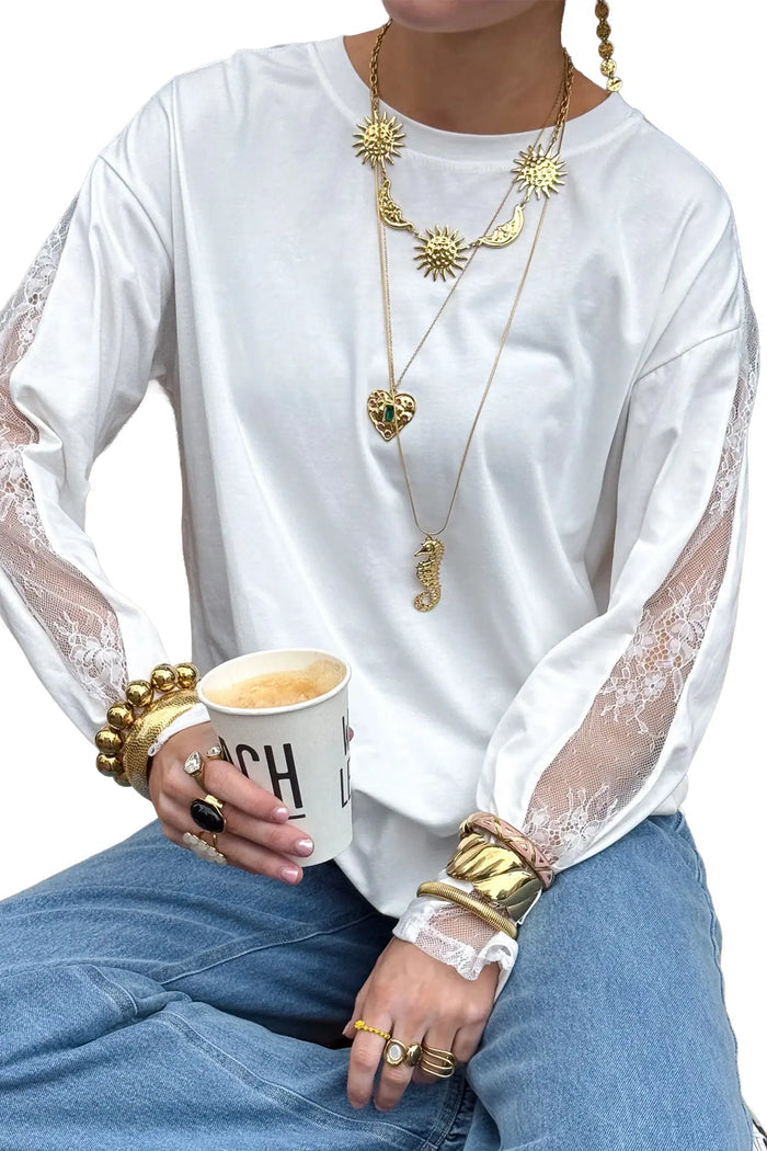 Lace Patchwork Round Neck Long Sleeve Top – White