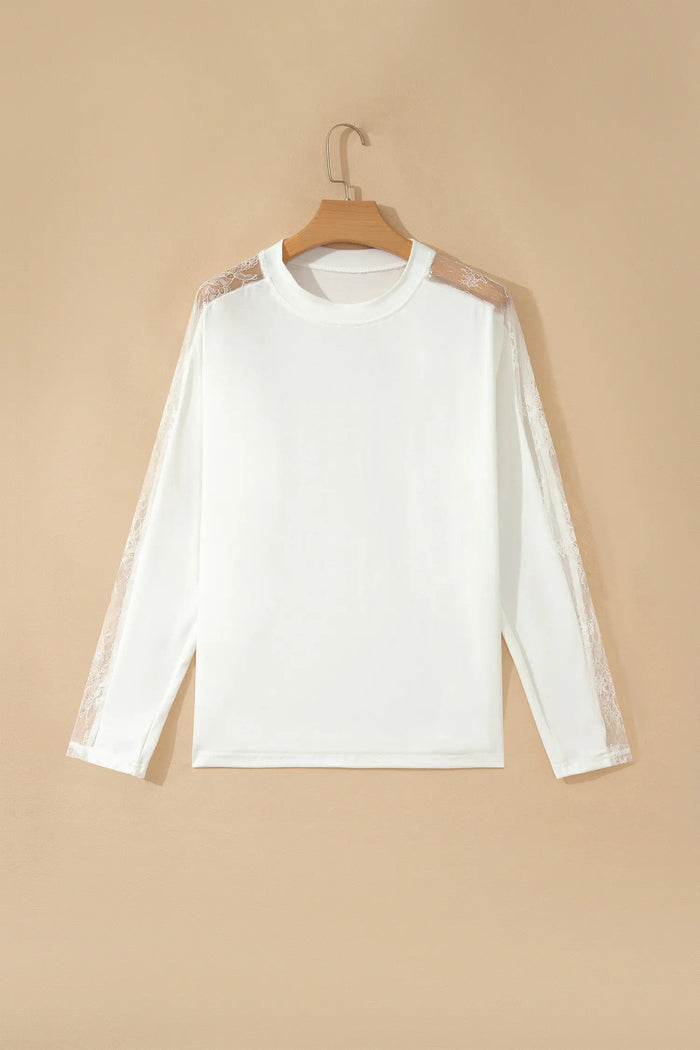 Lace Patchwork Round Neck Long Sleeve Top – White