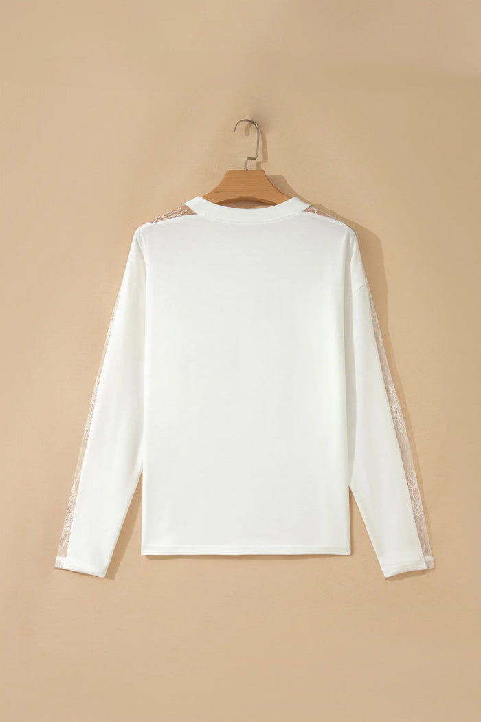 Lace Patchwork Round Neck Long Sleeve Top – White