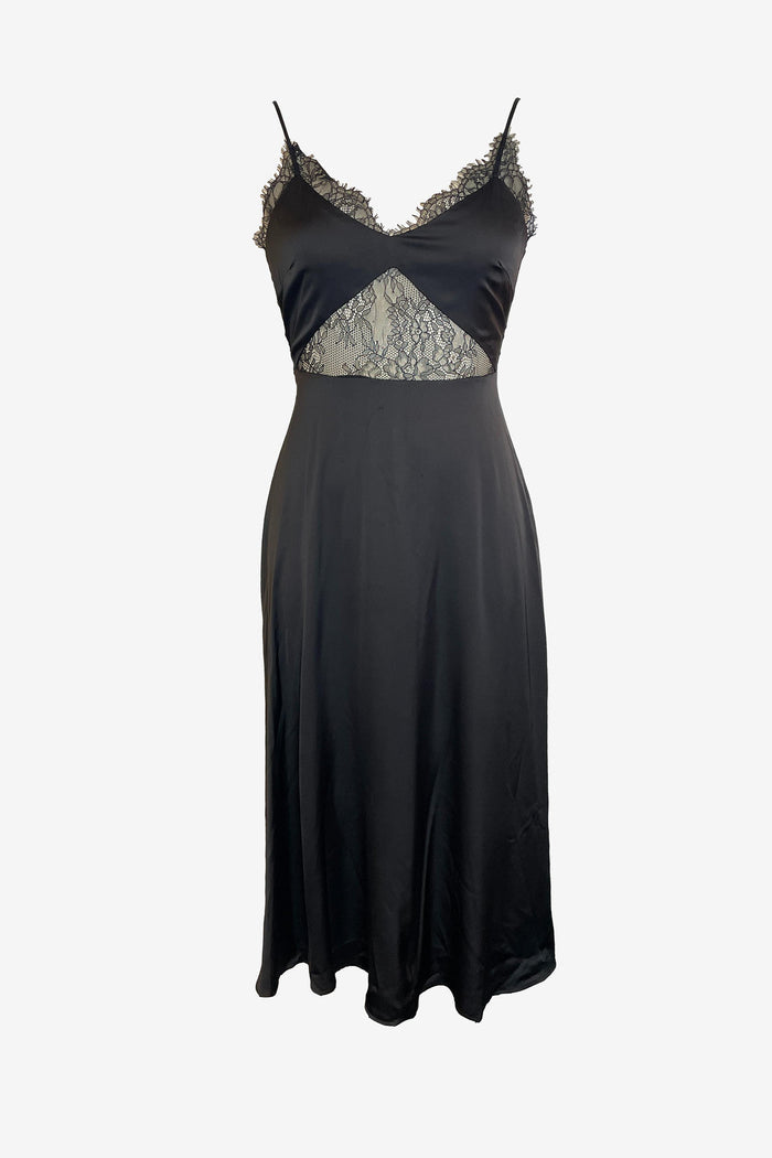 Lace Trim Black Slip Midi Dress image 0