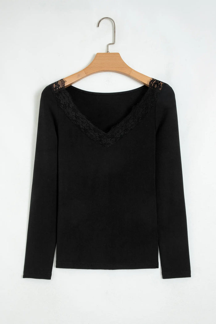 Lace Trim Elegant Neckline Long Sleeve Slim Top – Black