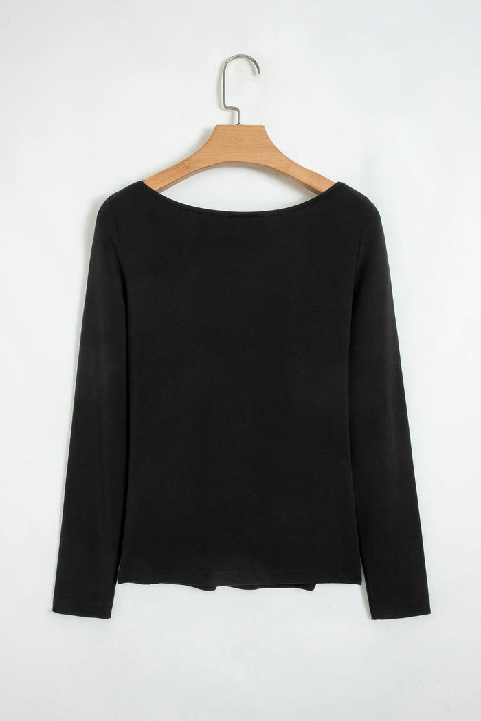 Lace Trim Elegant Neckline Long Sleeve Slim Top – Black
