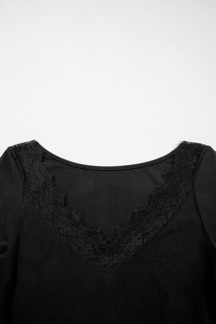 Lace Trim Elegant Neckline Long Sleeve Slim Top – Black