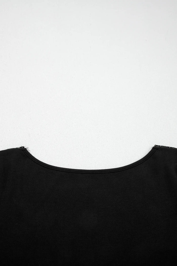 Lace Trim Elegant Neckline Long Sleeve Slim Top – Black