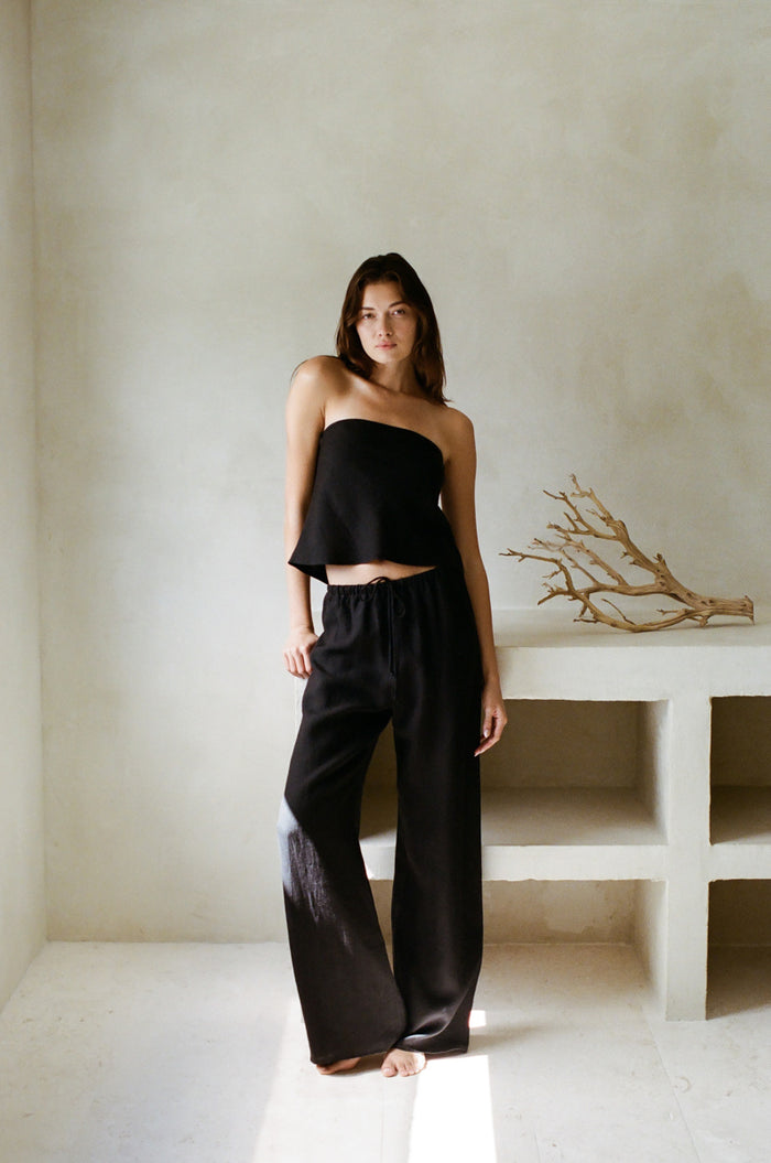 strapless linen tube top and wide leg pants - matching linen set - vacation outfit inspo