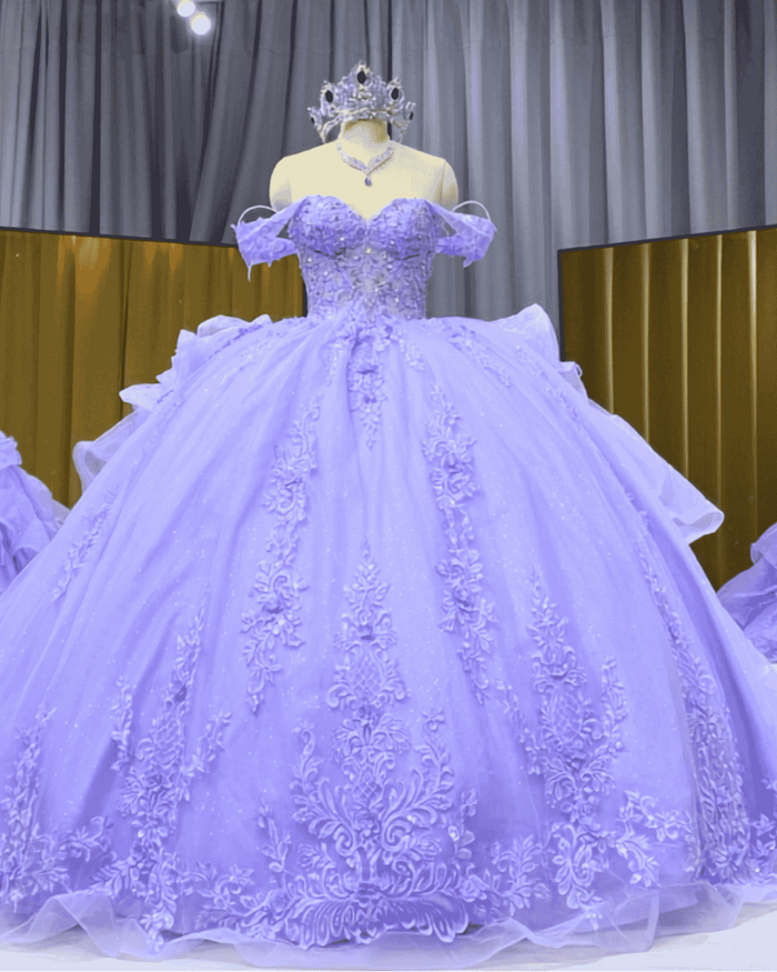 Lavender off-shoulder beaded lace ball gown quinceañera dress with detachable sheer sleeves