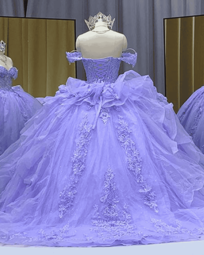 Lavender off-shoulder beaded lace ball gown quinceañera dress with detachable sheer sleeves