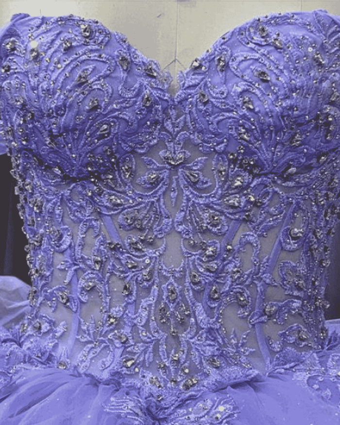 Lavender off-shoulder beaded lace ball gown quinceañera dress with detachable sheer sleeves