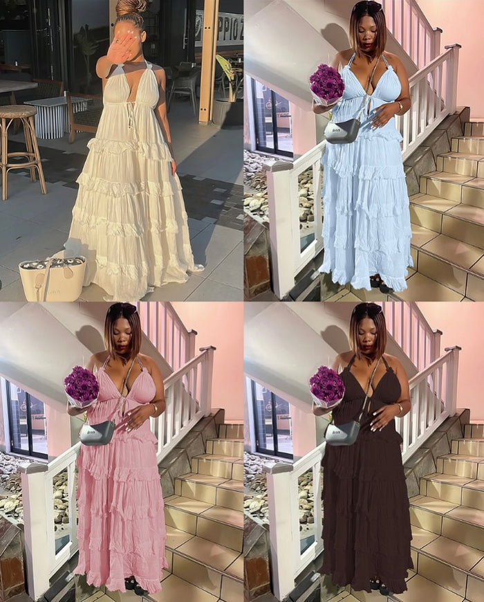 Layered Ruffled Halter Backless Maxi Dress